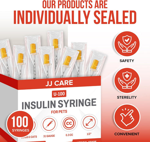 JJ CARE Insulin Syringe for Pets (Pack of 100) 31g 3/10cc 1/2”, U-100 Pet; Accurate Dosing Pet Syringes with Needle, Half Unit Markings Syringes for Cats and Dogs